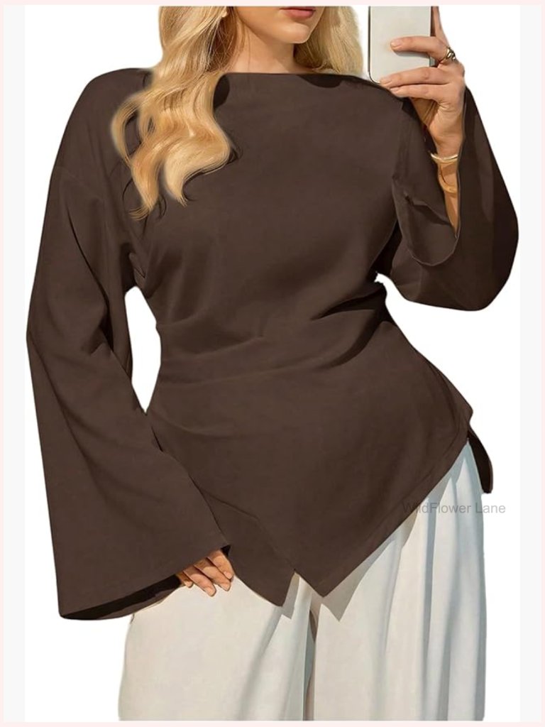 Plus Size Bell Sleeve Asymmetrical Blouse Top